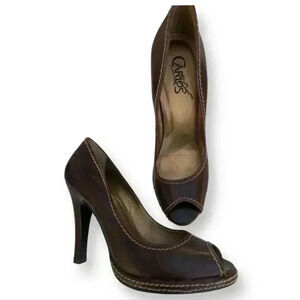 Carlos Santana Women's Bungalow Brown Leather Peep Toe Slip-on High Heels  8M